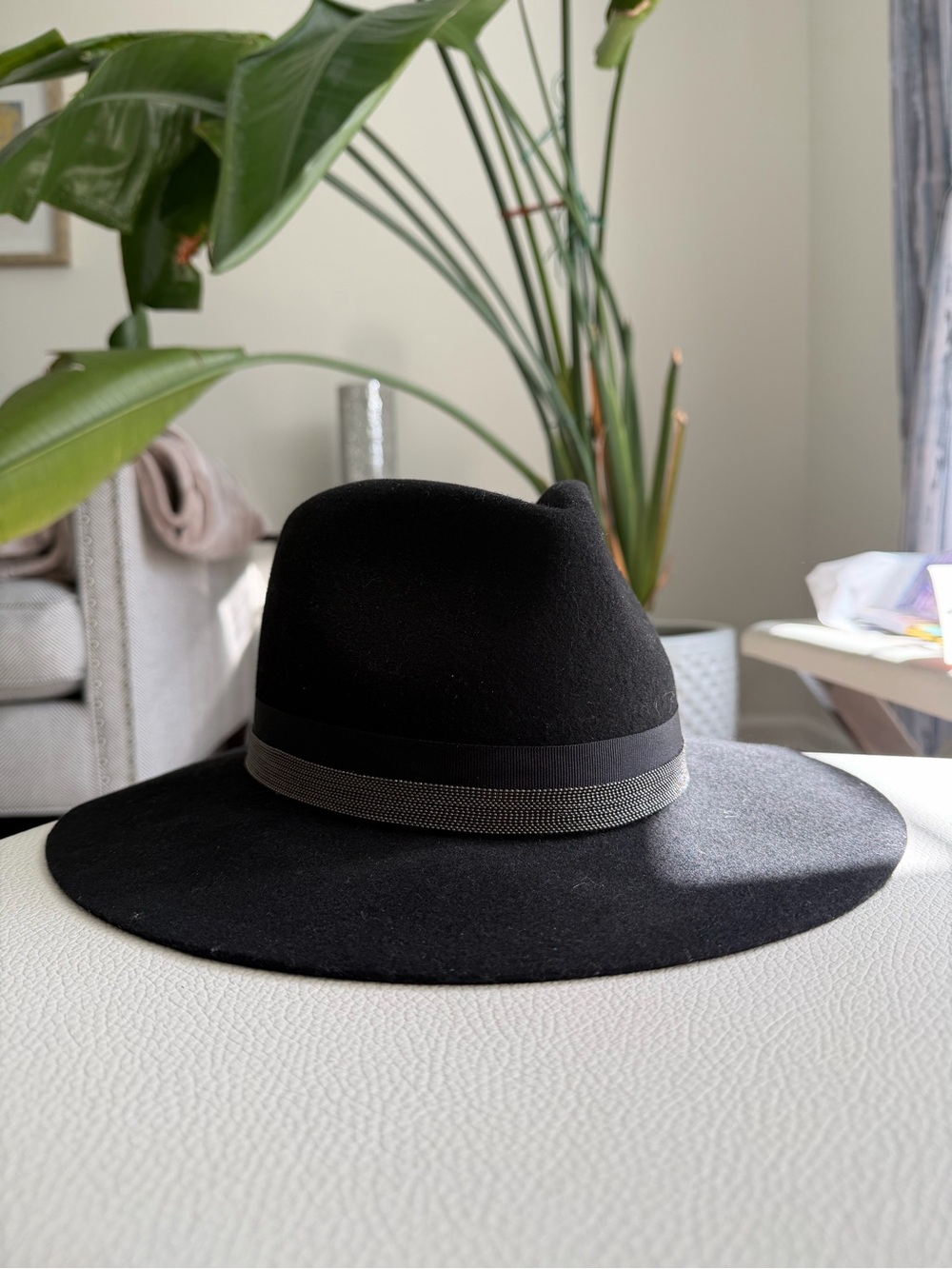Women’s Wide Brim Black Fedora Hat with Grey Band